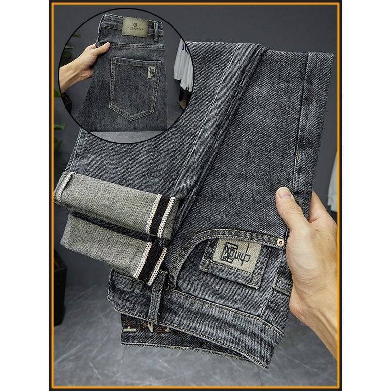 Autumn and Winter New Chinese High-end Jeans Mens Trendy Brand Mens Loose Straight Elastic Casual Pants 2023 New black gray - Image 1