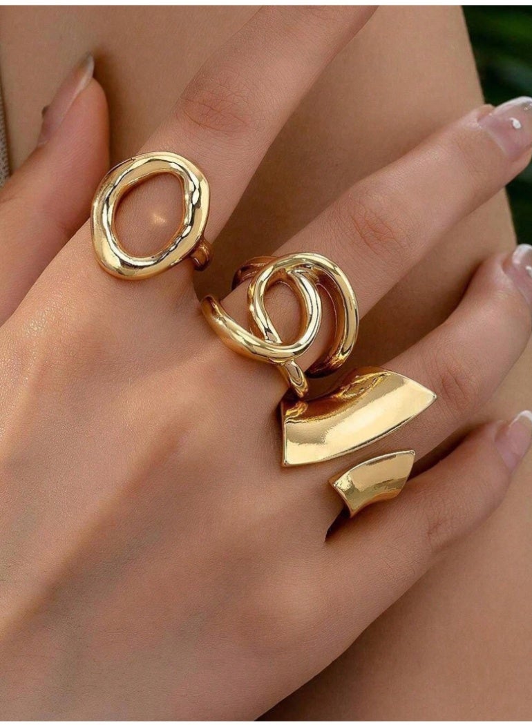 شي إن مجموعة من 3 قطع من خواتم SHEIN الدائرية المفتوحة ذات التصميم الفريد والمبالغ فيه، وخواتم ذات سطح هندسي منحني، وخواتم متقاطعة لامعة هندسية - Image 1