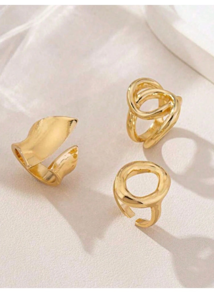 شي إن مجموعة من 3 قطع من خواتم SHEIN الدائرية المفتوحة ذات التصميم الفريد والمبالغ فيه، وخواتم ذات سطح هندسي منحني، وخواتم متقاطعة لامعة هندسية - Image 2