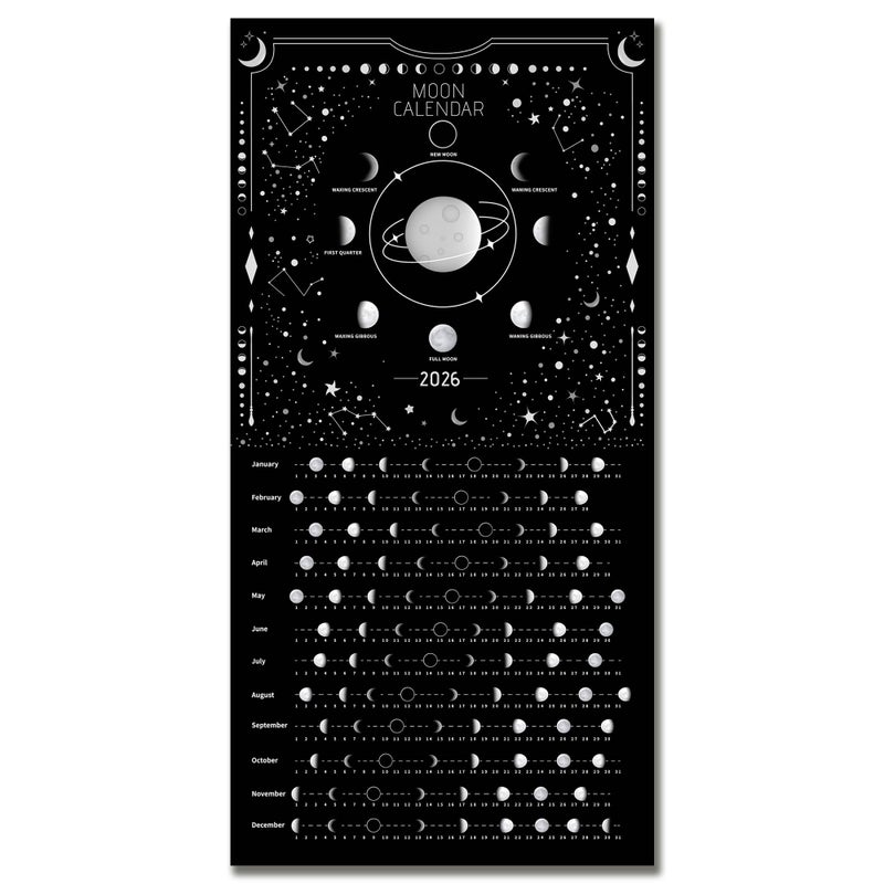 windrio Moon Calendar 2026 Lunar Phases, Hangable MoonLight Wall Poster, Full Moon Tracker Wall Art, Moon Lover Gifts, Astrology Decorations, and Celestial Calendar, Black - Image 1
