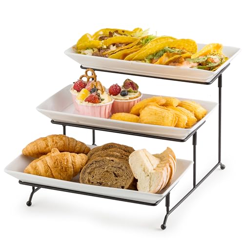 Gomakren 3 Tier Serving Trays Stand Porcelain Serving Platters 12 Inch White Serving Plates Dinner Platters for Appetizer Snack Fruit Cup Cake Tray Display Christmas Serving Dishes for Entertaining - Image 1