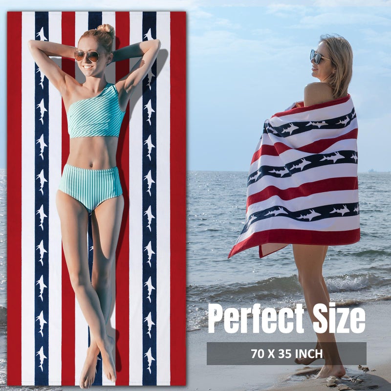 cabanana Large Beach Towel Oversized - Cotton Velour 35 x 70 Inch Shark Striped Terry Pool Towel, Cabana Soft Swimming Towel for Adults Women Men (Navy Red) - Image 3