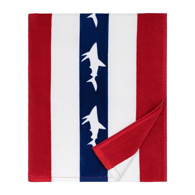 cabanana Large Beach Towel Oversized - Cotton Velour 35 x 70 Inch Shark Striped Terry Pool Towel, Cabana Soft Swimming Towel for Adults Women Men (Navy Red) - Image 1