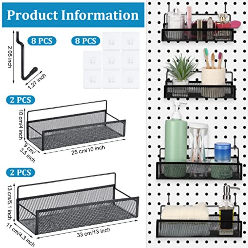 Pegboard Baskets Bins Set 4 Pcs Metal Pegboard Baskets with 8 Pcs Black Hooks, Organizer Accessories for Garage Workbench Kitchen Office Craft Room - Image 2