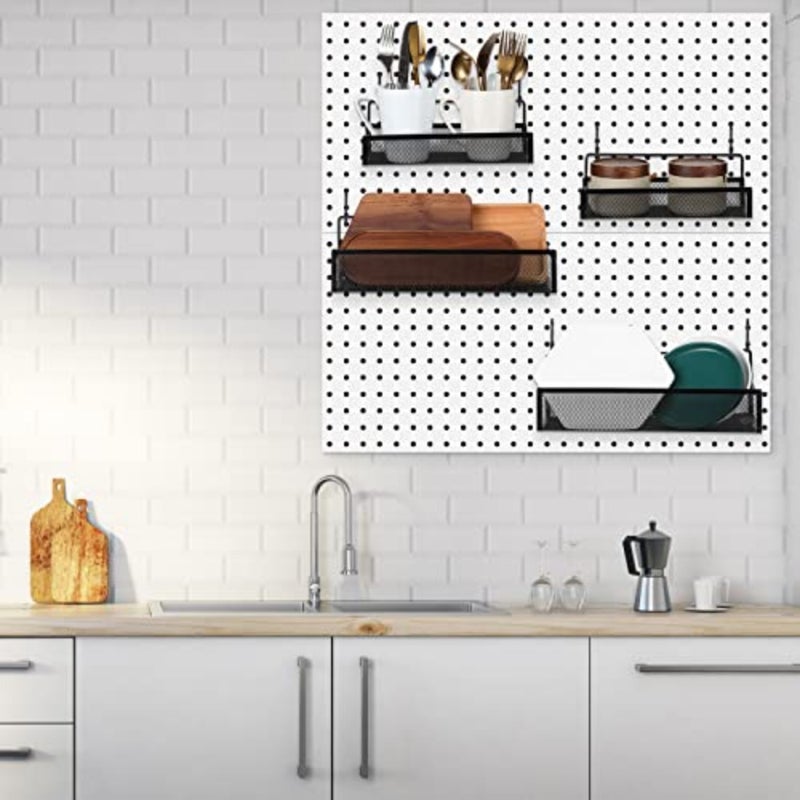 Pegboard Baskets Bins Set 4 Pcs Metal Pegboard Baskets with 8 Pcs Black Hooks, Organizer Accessories for Garage Workbench Kitchen Office Craft Room - Image 5