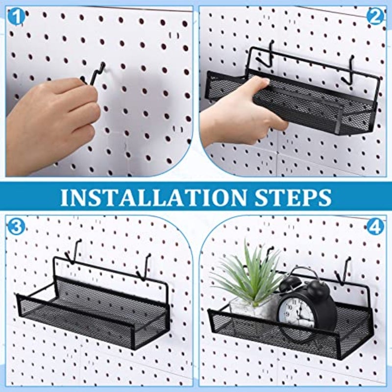 Pegboard Baskets Bins Set 4 Pcs Metal Pegboard Baskets with 8 Pcs Black Hooks, Organizer Accessories for Garage Workbench Kitchen Office Craft Room - Image 4