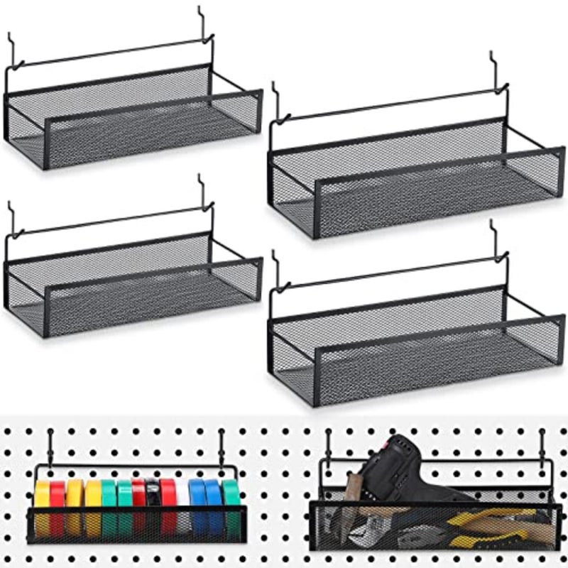 Pegboard Baskets Bins Set 4 Pcs Metal Pegboard Baskets with 8 Pcs Black Hooks, Organizer Accessories for Garage Workbench Kitchen Office Craft Room - Image 1