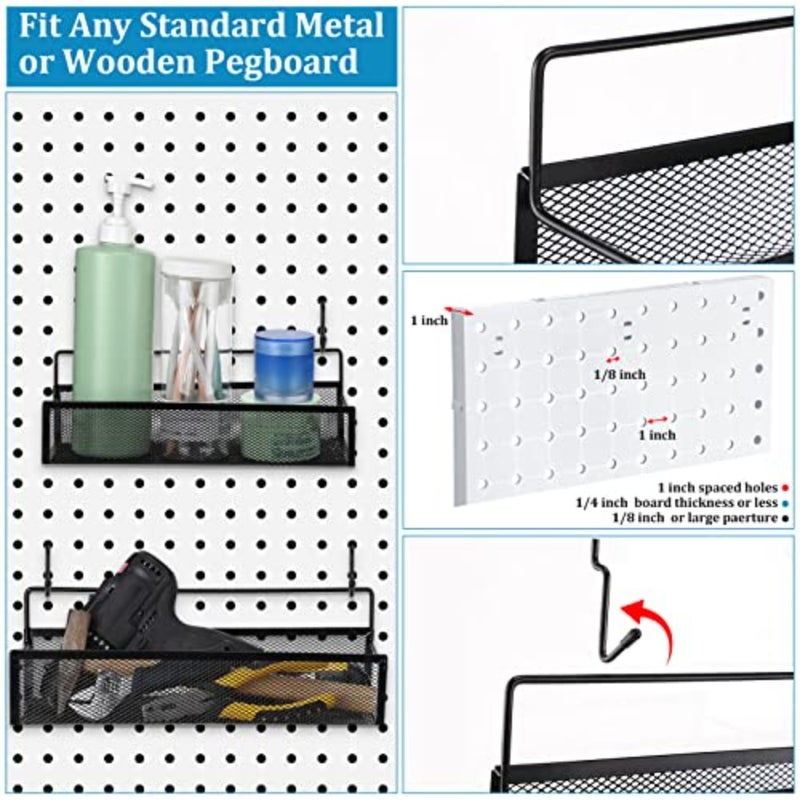 Pegboard Baskets Bins Set 4 Pcs Metal Pegboard Baskets with 8 Pcs Black Hooks, Organizer Accessories for Garage Workbench Kitchen Office Craft Room - Image 3