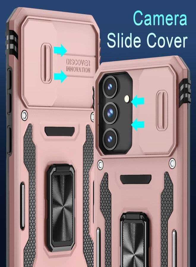 DEERLAMN جراب DEERLAMN لهاتف سامسونج جالاكسي S25 مقاس 6.2 بوصة مع غطاء كاميرا منزلق + واقي شاشة (عبوة واحدة)، غطاء حماية مقاوم للصدمات بمسند حلقي دوار - ذهبي وردي - Image 3