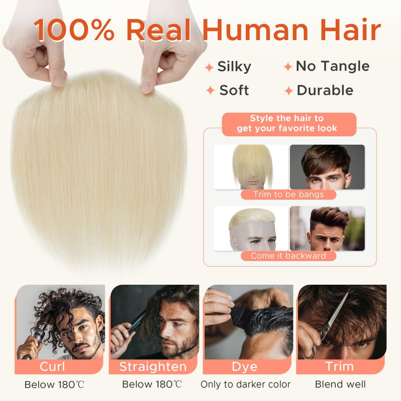 SEGO Men's Hairline Toupee 100% Human Hair Forehead Hairpiece V-Shape 1.57"x7" PU Thin Skin Base Natural Hairline Replacementï¼ˆHair:6" Long-#60 Platinum Blonde - Image 3