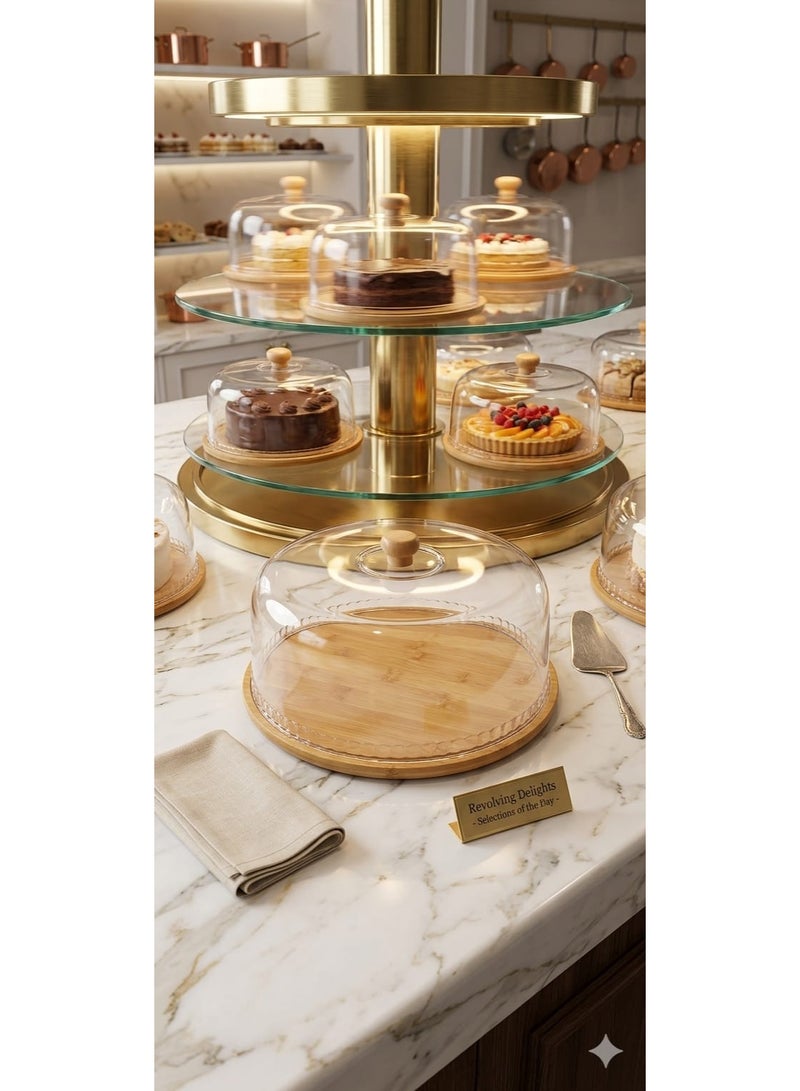 Revolving Bamboo Cake Stand with Dome Cover - Image 2