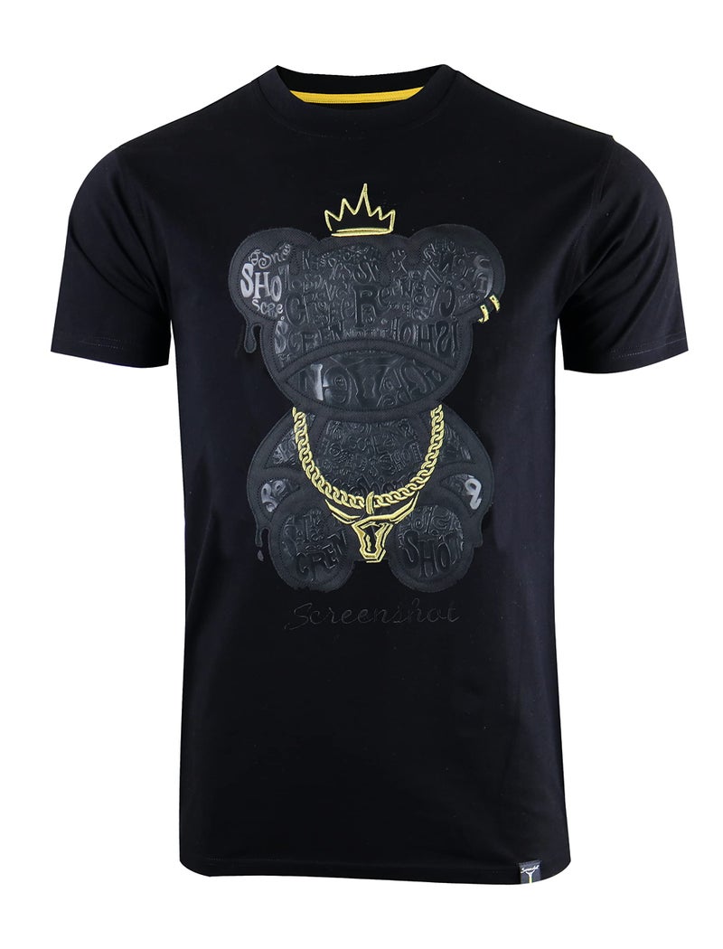 SCREENSHOT-S11222 Mens Hip-Hop Streetwear Ultra Premium Quality Tee - Big Head Shadow Teddy Bear Patch Embroidery Gel Print T-Shirt-Black-Small - Image 1