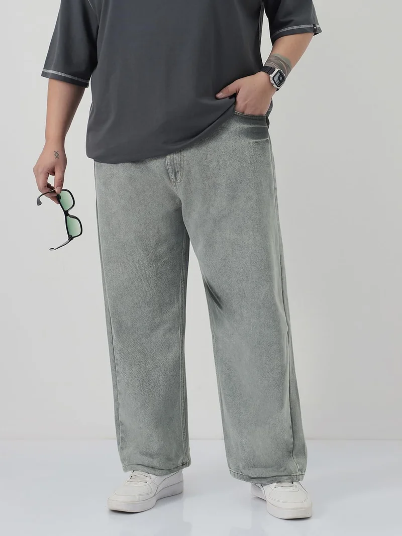 Urbano Plus Men's Ice Grey Loose Baggy Fit Washed Jeans Non-Stretchable