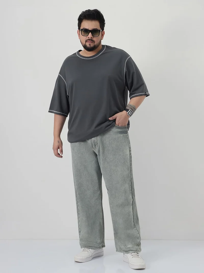 Urbano Fashion  Urbano Plus Men's Ice Grey Loose Baggy Fit Washed Jeans Non-Stretchable  | Best Price UAE
