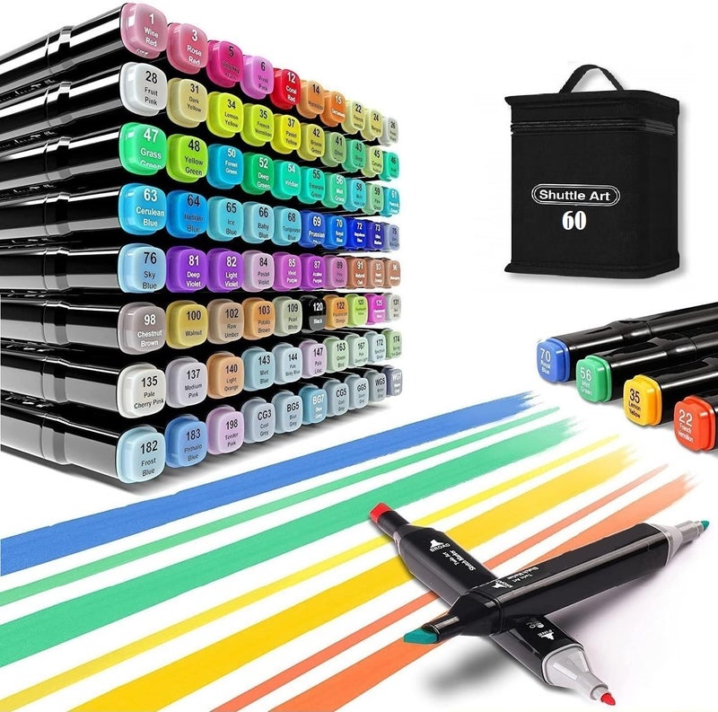 Shuttle Art 60 PCS Marker Set, Ideal for Drawing, Illustration, and Sketching, Includes Broad and Fine Tip Markers, Perfect for Coloring Books, Comes with a Storage Case for Easy Organization - Image 1