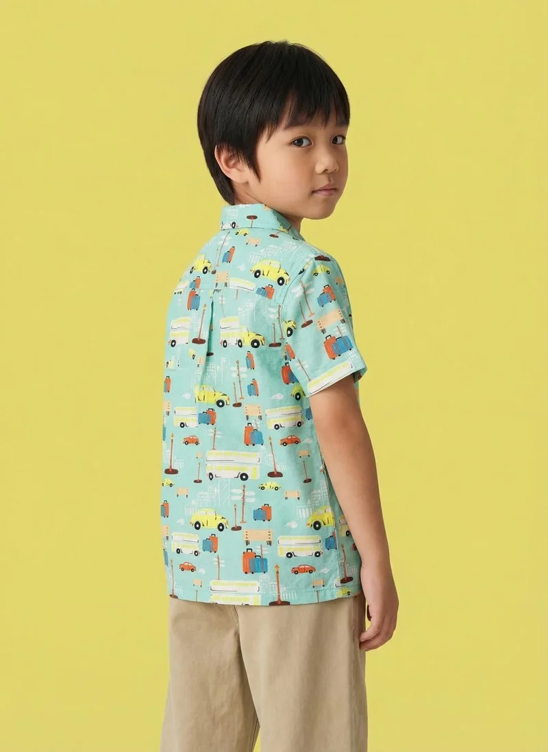 نوتيناتي Nautinati Boys' 100% Cotton Cars Graphic Printed Resort Shirt