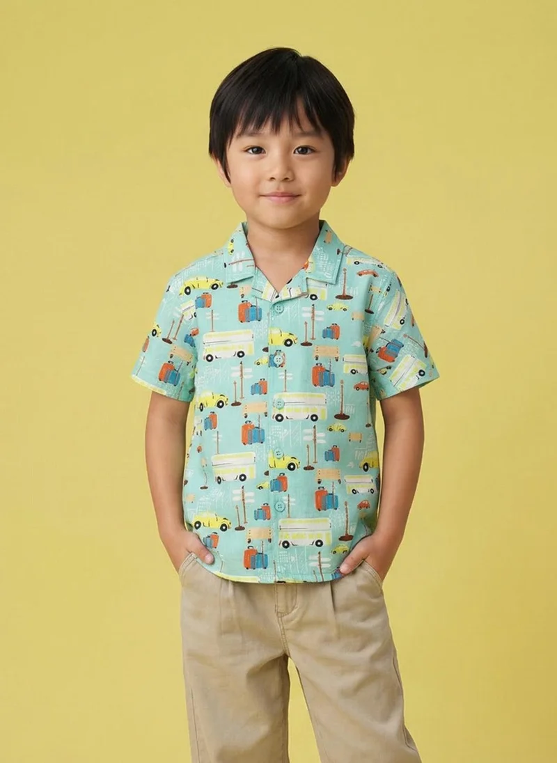 نوتيناتي Nautinati Boys' 100% Cotton Cars Graphic Printed Resort Shirt