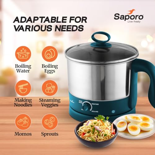 SAPORO سافورو فليكسي برو غلاية كهربائية متعددة الاستخدامات، 1.2 لتر، 600 واط، غلاية طباخ متعددة من الفولاذ المقاوم للصدأ لغليان الماء، الحليب، الشاي، القهوة، الحساء، البيض ومومو، بيض ورف الشواء، 3 أوضاع تسخين، غليان سريع - Image 4