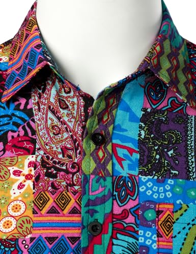 PARKLEES Men's Linen 70s Hippie Style Floral Print Shirt Short Sleeve Button Down Hawaiian Shirts Blue Pink Large - Image 4