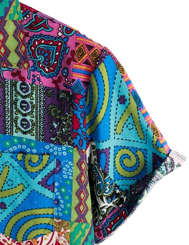 PARKLEES Men's Linen 70s Hippie Style Floral Print Shirt Short Sleeve Button Down Hawaiian Shirts Blue Pink Large - Image 5