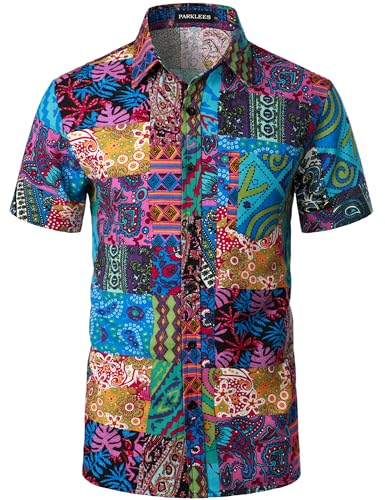 PARKLEES Men's Linen 70s Hippie Style Floral Print Shirt Short Sleeve Button Down Hawaiian Shirts Blue Pink Large - Image 2