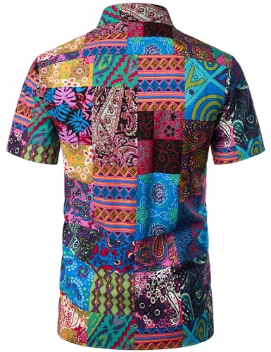 PARKLEES Men's Linen 70s Hippie Style Floral Print Shirt Short Sleeve Button Down Hawaiian Shirts Blue Pink Large - Image 3
