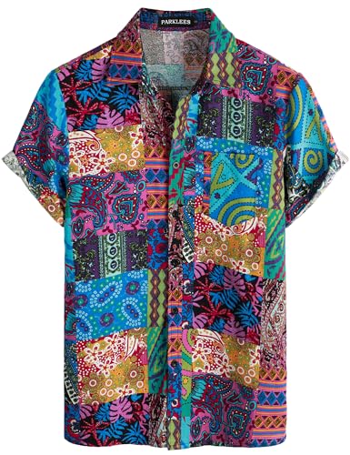 PARKLEES Men's Linen 70s Hippie Style Floral Print Shirt Short Sleeve Button Down Hawaiian Shirts Blue Pink Large - Image 1