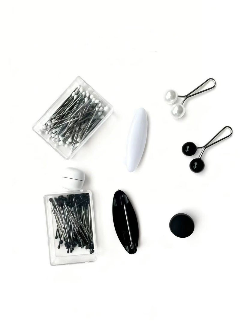 Hijab Pins Set for Ladies 2 magnets, 2 pearl clip pins, 2 safety pins, 2 boxes pins Black and White - Image 1