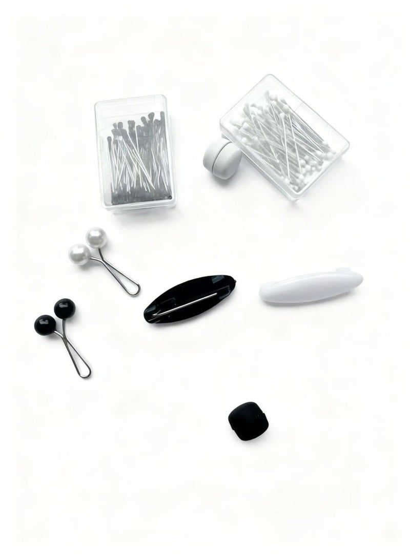 Hijab Pins Set for Ladies 2 magnets, 2 pearl clip pins, 2 safety pins, 2 boxes pins Black and White - Image 2