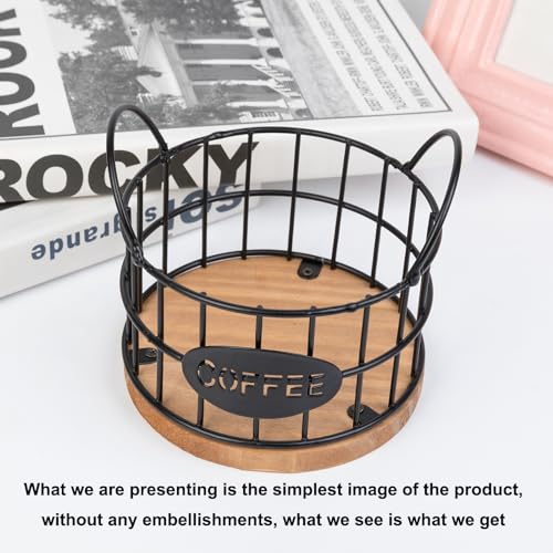 Fving Coffee Pods Holder for Countertop, K Cup Holder Organizer, Sturdy Kcup Storage Basket with Wooden Base , Pod Container For Kitchen Bar Counter Office Desktop (Black) - Image 3
