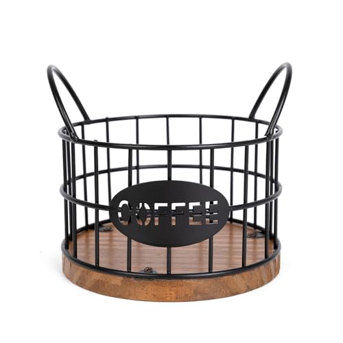 Fving Coffee Pods Holder for Countertop, K Cup Holder Organizer, Sturdy Kcup Storage Basket with Wooden Base , Pod Container For Kitchen Bar Counter Office Desktop (Black) - Image 1