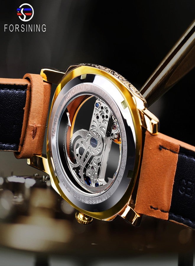 FORSINING Men's Luxury Square Carving Mechanical Watch, Retro Totem Double Sided Hollow Skeleton Self-Wind Automatic Watches, Vintage Leather Strap Wristwatch Reloj para Hombre - Image 4