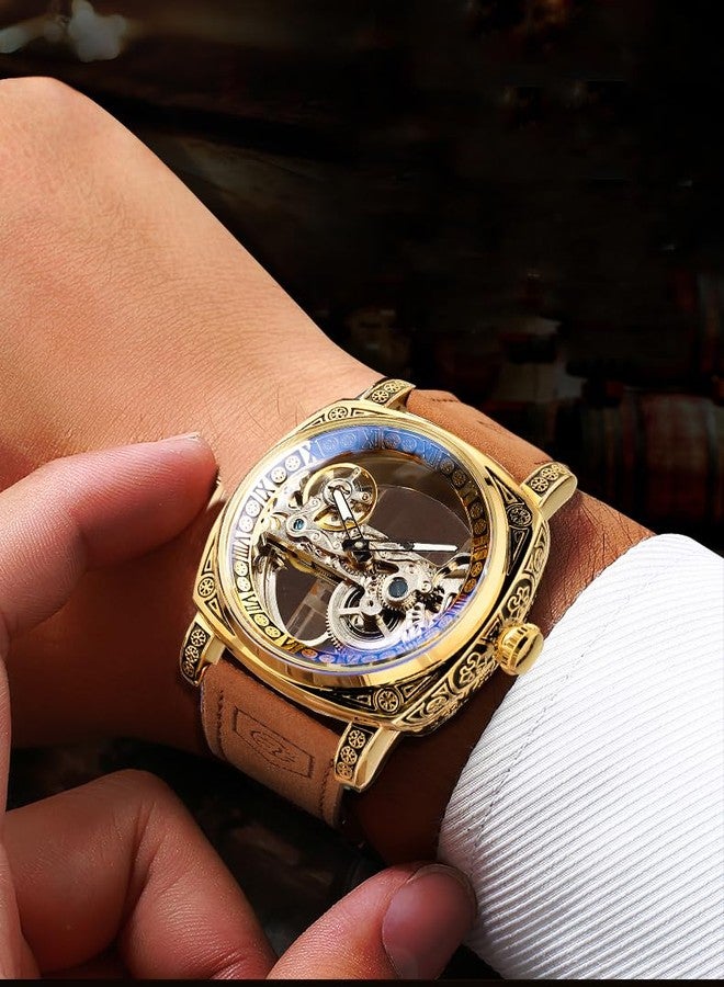 FORSINING Men's Luxury Square Carving Mechanical Watch, Retro Totem Double Sided Hollow Skeleton Self-Wind Automatic Watches, Vintage Leather Strap Wristwatch Reloj para Hombre - Image 5