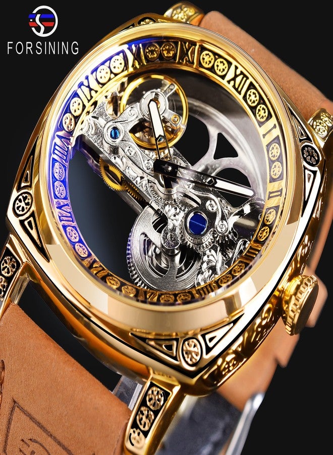 FORSINING Men's Luxury Square Carving Mechanical Watch, Retro Totem Double Sided Hollow Skeleton Self-Wind Automatic Watches, Vintage Leather Strap Wristwatch Reloj para Hombre - Image 2