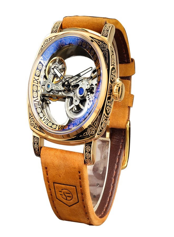FORSINING Men's Luxury Square Carving Mechanical Watch, Retro Totem Double Sided Hollow Skeleton Self-Wind Automatic Watches, Vintage Leather Strap Wristwatch Reloj para Hombre - Image 1