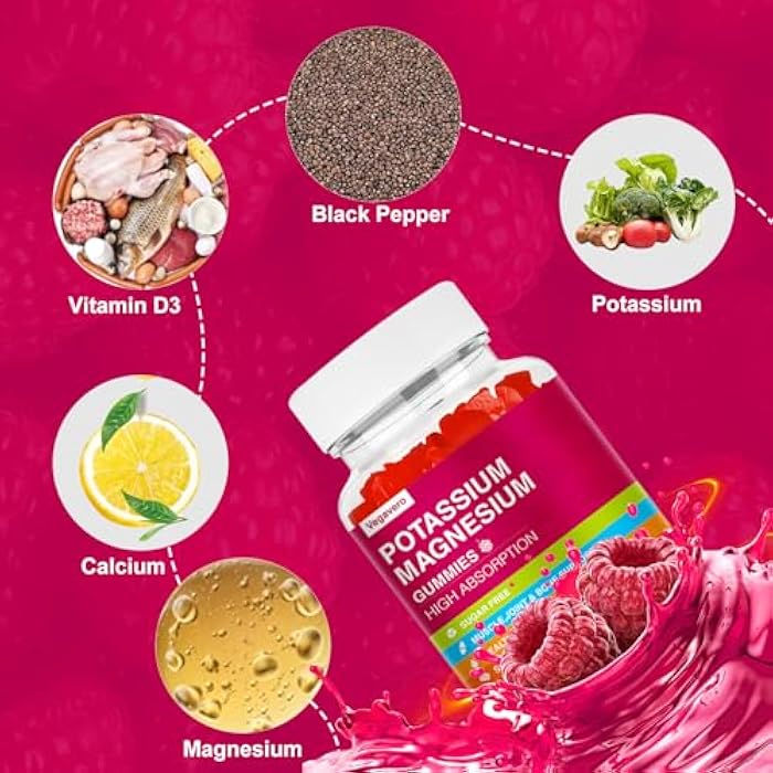Vegavero Potassium Magnesium Gummies - Magnesium Glycinate B6,D3 & Potassium Citrate for Leg Cramps,Muscle,Electroyte for Adults Kids,Sugar-Free - 60 Raspberry Gummies - Image 3