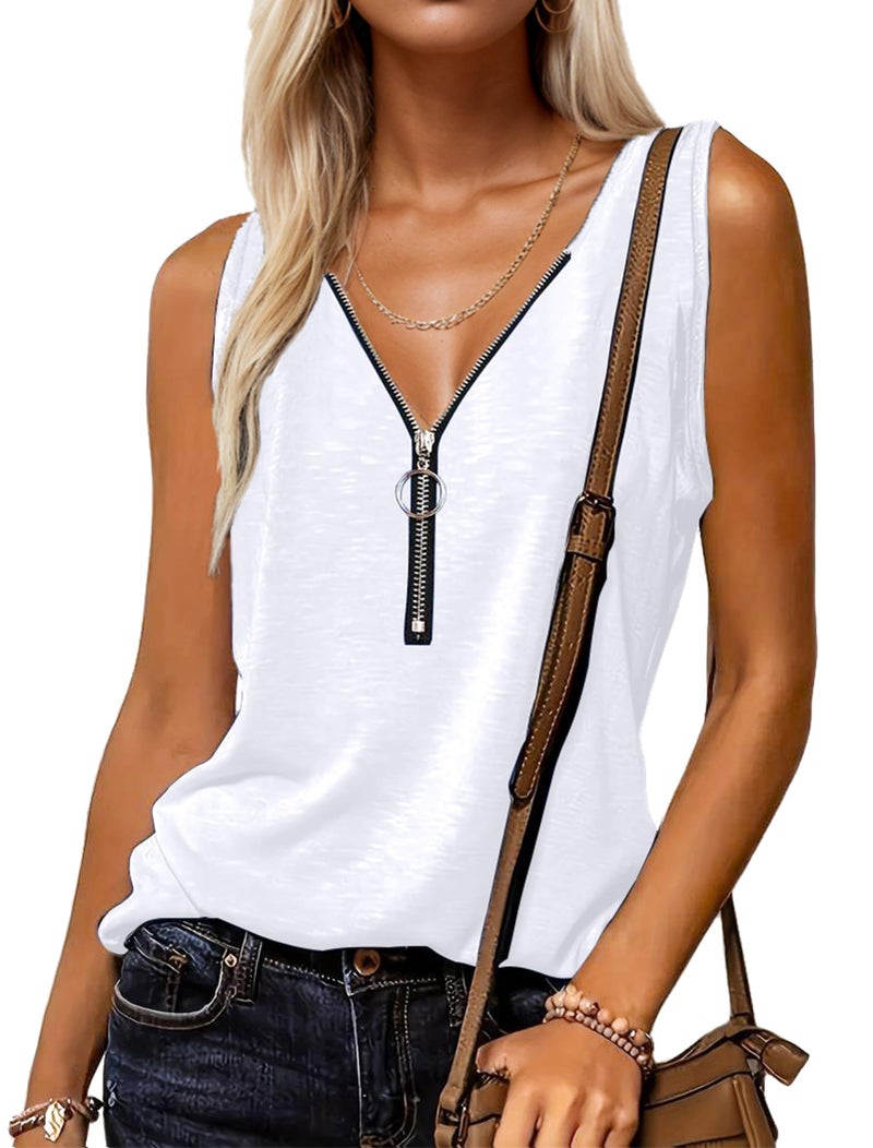 Halife Womens Tank Tops Zipper V Neck Loose Fit Casual Cute Summer Tanks White Sleeveless Top S - Image 1