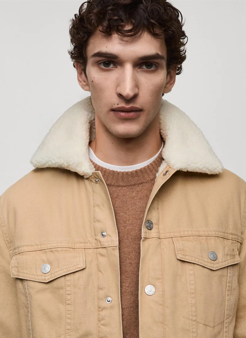 Mango Man Sheepskin Collar Denim Jacket