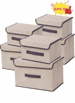 nihao 6PCS Imitation Linen Storage Box Foldable Storage Box, Non-Woven Fabric, Flip Storage Box, With Handles, Clothing, Toys, Home Wardrobe Storage and Organizing Box(Off White-24C*36*23CM*3PCS+16*25*19CM*3PCS)  - Image 1