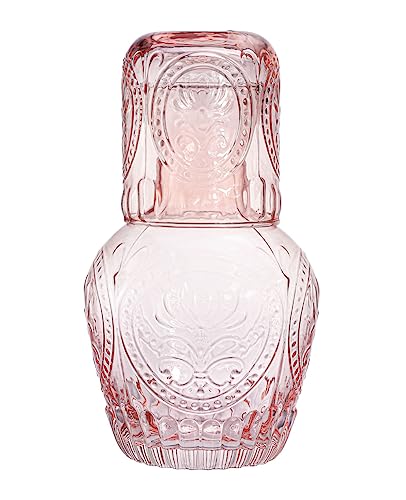 RockTrend Retro Relief Glass Bedside Night Water Carafe with Tumbler Glass, Pitcher And Cup Night Set-Pink - Image 1