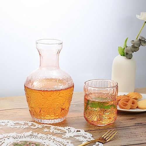 RockTrend Retro Relief Glass Bedside Night Water Carafe with Tumbler Glass, Pitcher And Cup Night Set-Pink - Image 3