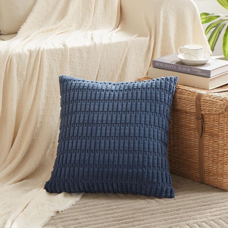Fancy Homi 4 Packs Dusty Blue Decorative Throw Pillow Covers 24x24 Inch for Living Room Couch Bed Sofa, Rustic Farmhouse Boho Home Decor, Soft Plush Striped Corduroy Square Cushion Case 60x60 cm - Image 2