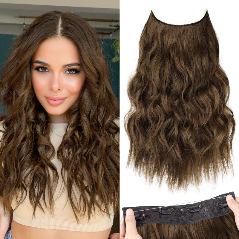 KooKaStyle Invisible Wire Hair Extensions with Transparent Headband Adjustable Size 4 Secure Clips Long Wavy Secret Wire Hairpiece for Women 16 Inch Chestnut Brown