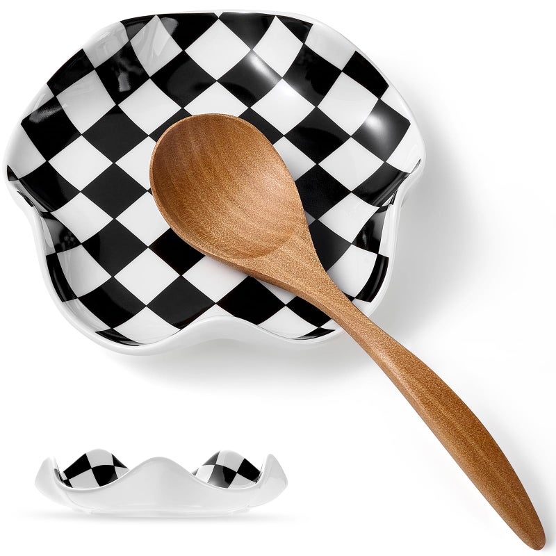 Qipecedm Ceramic Spoon Rest, 5.3in Black & White Pattern, Heat Resistant Cooking Spoon Holder for Kitchen Countertop, Stove Top, Spatula, Ladle, Coffee Spoon Rest - Image 1