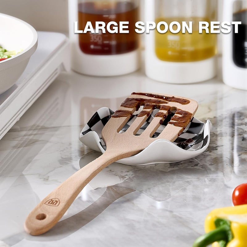 Qipecedm Ceramic Spoon Rest, 5.3in Black & White Pattern, Heat Resistant Cooking Spoon Holder for Kitchen Countertop, Stove Top, Spatula, Ladle, Coffee Spoon Rest - Image 2