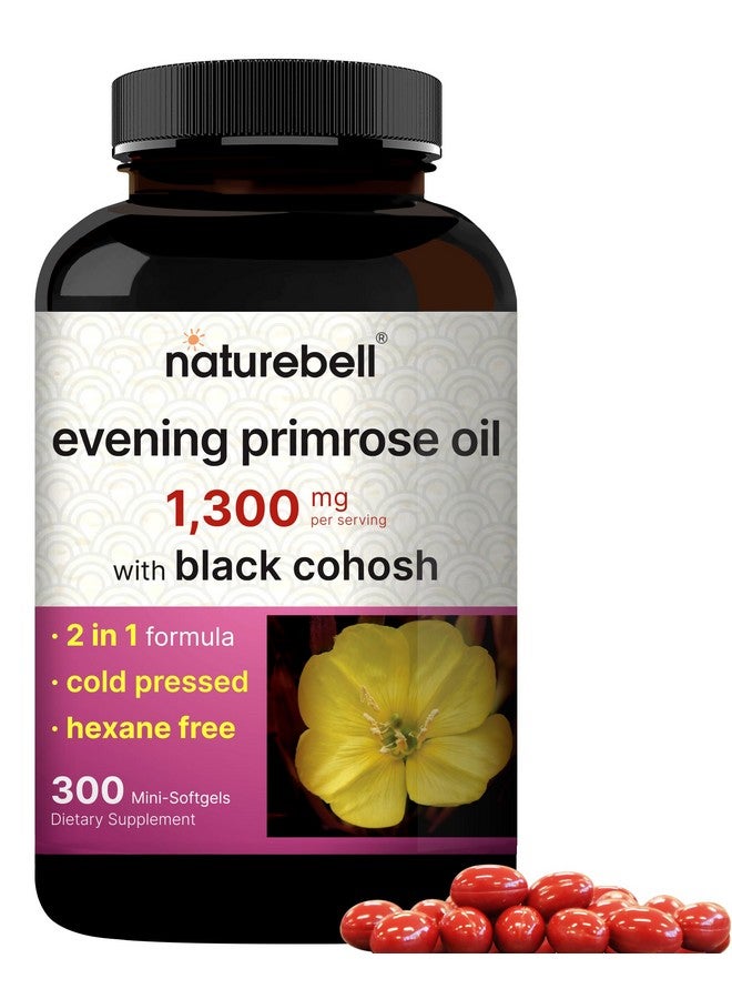 نايتشر بيل زيت زهرة الربيع المسائية من ناتشر بيل مع عشبة كوهوش السوداء، ١٣٠٠ ملغ لكل حصة، ٣٠٠ كبسولة هلامية صغيرة | بذور معصورة على البارد، تحتوي على ١٣٠ ملغ من حمض جاما لينوليك لدعم صحة المرأة والعناية ببشرتها - خالٍ من الهكسين، وغير معدّل وراثيًا - Image 1