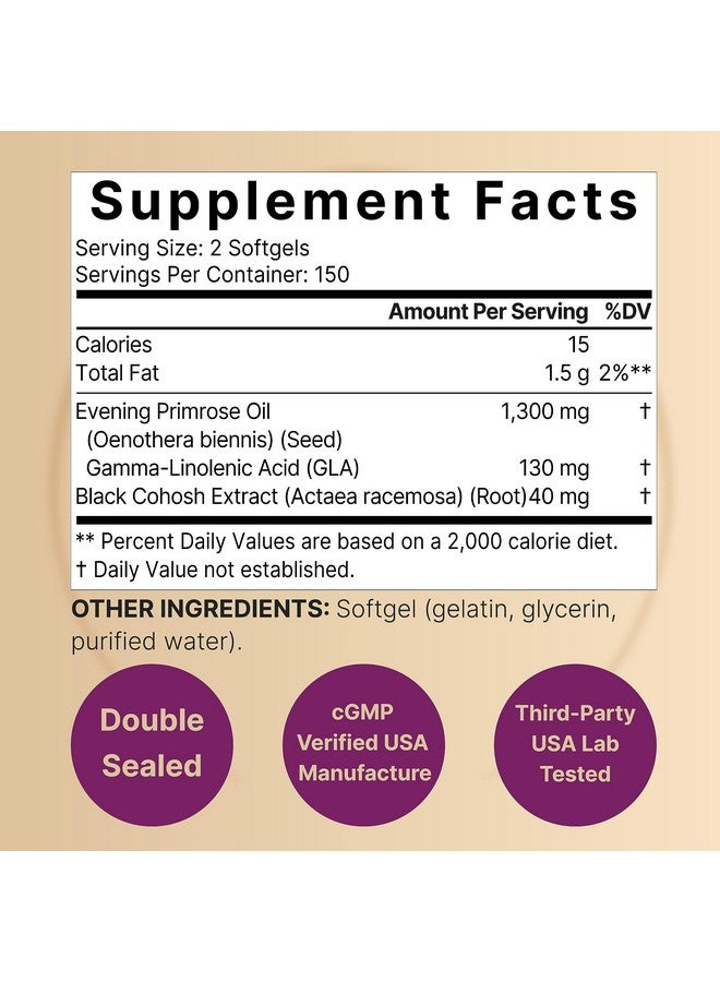 نايتشر بيل زيت زهرة الربيع المسائية من ناتشر بيل مع عشبة كوهوش السوداء، ١٣٠٠ ملغ لكل حصة، ٣٠٠ كبسولة هلامية صغيرة | بذور معصورة على البارد، تحتوي على ١٣٠ ملغ من حمض جاما لينوليك لدعم صحة المرأة والعناية ببشرتها - خالٍ من الهكسين، وغير معدّل وراثيًا - Image 2