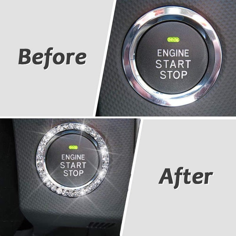 ToBeQueen Bling Car Crystal Rhinestone Ring Emblem Sticker, Car Interior Decoration, Bling Car Accessories for Women, Push to Start Button, Key Ignition Starter & Knob Ring (White) - Image 2