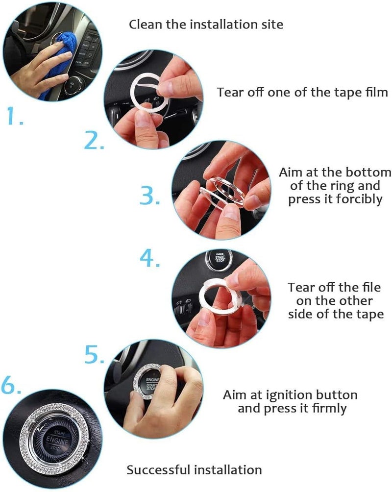 ToBeQueen Bling Car Crystal Rhinestone Ring Emblem Sticker, Car Interior Decoration, Bling Car Accessories for Women, Push to Start Button, Key Ignition Starter & Knob Ring (White) - Image 3