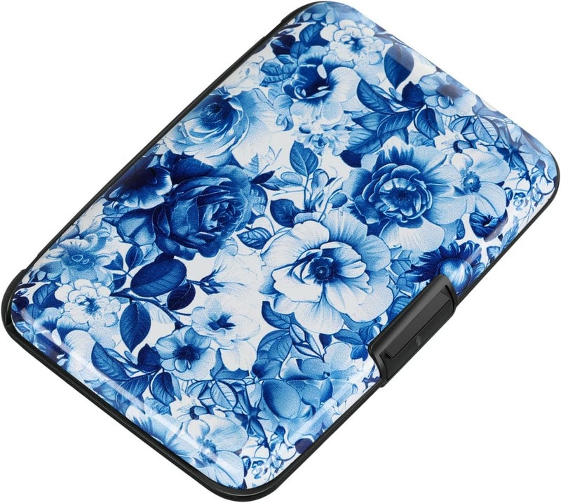 ELFISH RFID Blocking Credit Cards Holder Aluminum Wallet Metal ID Case for Men Women(Blue and White Peony) - Image 1
